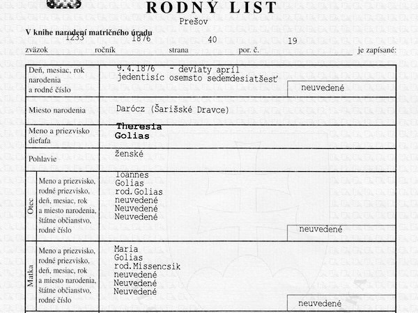 1876_rodný list - Terézia Goliašová